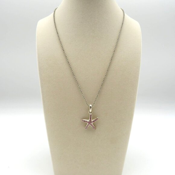 Starfish Pendant Necklace Pink Crystals Silver Tone 16" Bead Chain Beach - Picture 1 of 6